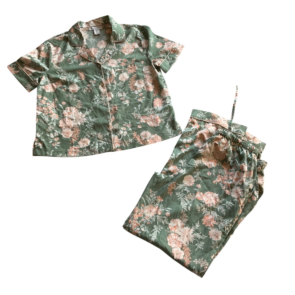 cupcakes and cashmere Pajama Set Womens Medium Green Floral Button Up Pants 2Pc